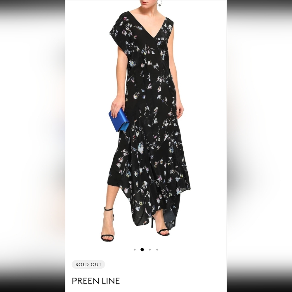 Preen Line Dana Crepe De Chine Asymmetric Maxi Dress, NWT, Size S, Black Floral